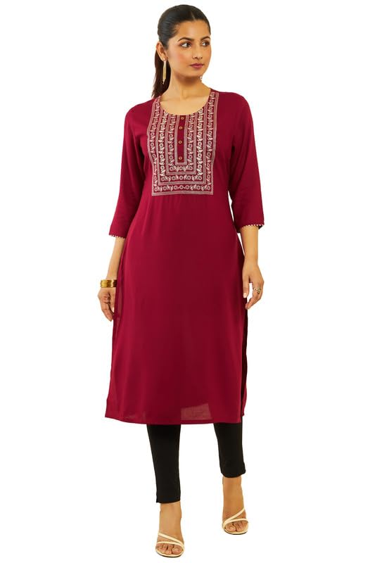 Soch Womens Maroon Rayon Floral Zari Embroidered Straight Kurta