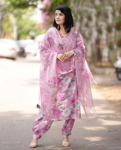ANNI DESIGNER Womens Rayon Blend Straight Printed Kurta with Pant & Dupatta (Suragini Pink_M_Pink_Medium)