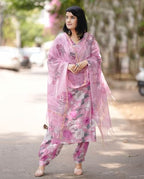 ANNI DESIGNER Womens Rayon Blend Straight Printed Kurta with Pant & Dupatta (Suragini Pink_M_Pink_Medium)