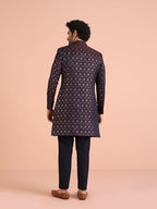 Kisah MenS Purple And Navy Blue Sherwani Trousers Set, Cotton Full Sleaves, Knee Length, Straight, Regular Fit, Mandarin Collar