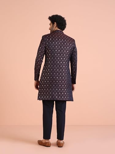 Kisah MenS Purple And Navy Blue Sherwani Trousers Set, Cotton Full Sleaves, Knee Length, Straight, Regular Fit, Mandarin Collar