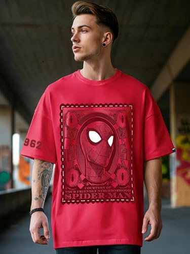 Bewakoof Official Marvel Merchandise Peter Parker Mens Graphic Printed Oversized Fit Half Sleeve Round Neck Cotton T-Shirt_6609