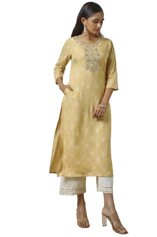 Soch Womens Beige Rayon Foil Print Kurta with Gotta Patti