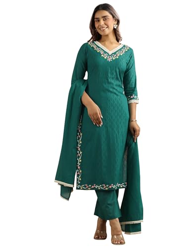 Libas Womens Woven Design Cotton Straight Kurta With Trousers And Dupatta