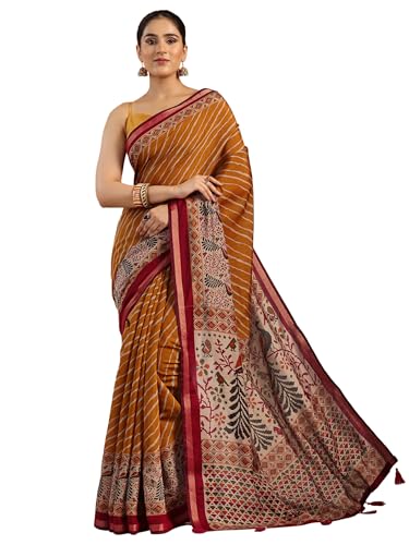 Mustard Leheriya Printed Cotton Blend Saree With Unstitched Blouse Piece