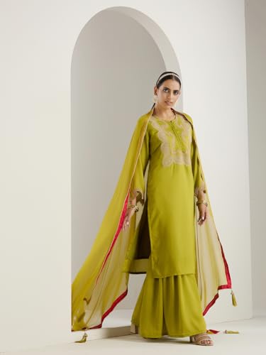 Ishin Gold Zari Detail Embroidered Straight Festive Kurta With Sharara And Dupata