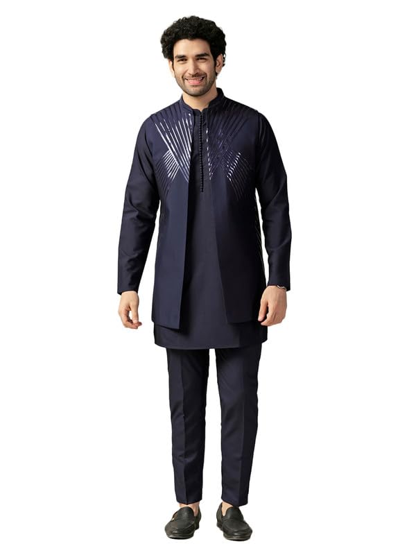 Kisah MenS Kurta Jacket Trouser Set, Blue Cotton Blend, Embellished Regular Fit Mandarin Collar Long Sleeves (38)