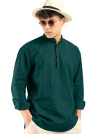 Macsivo MenS Cotton Polyester Blend Solid Regular Fit Full Sleeve Short Kurta Green