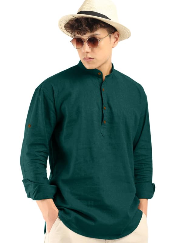 Macsivo MenS Cotton Polyester Blend Solid Regular Fit Full Sleeve Short Kurta Green