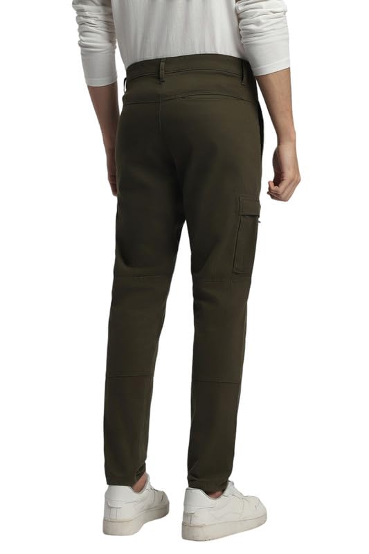 Dennis Lingo Mens Cotton Lycra Full Length Solid Slim Fit Cargo Trousers Olive