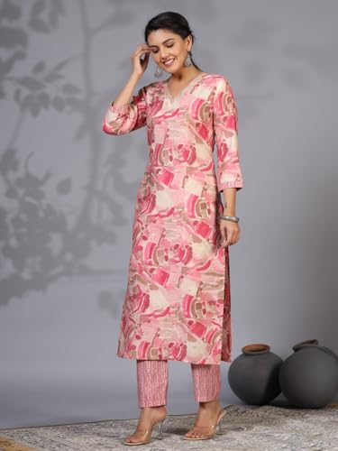 ANNI DESIGNER Womens Rayon Blend Straight Printed Kurta with Pant (Nissu Pink_S_Pink_Small)