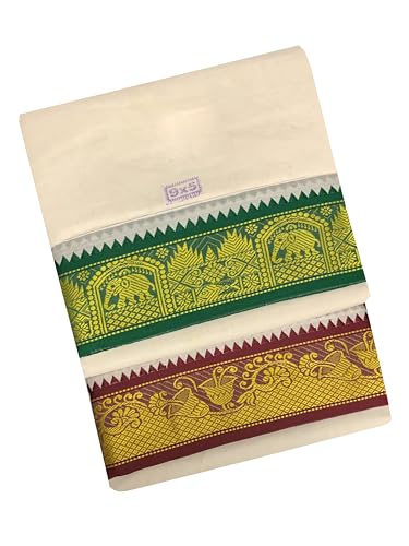 Prakasam Cotton Mens Panchakacham 9X5 Unbleached Cotton Colour Dhoti + Towel Set (Off White)
