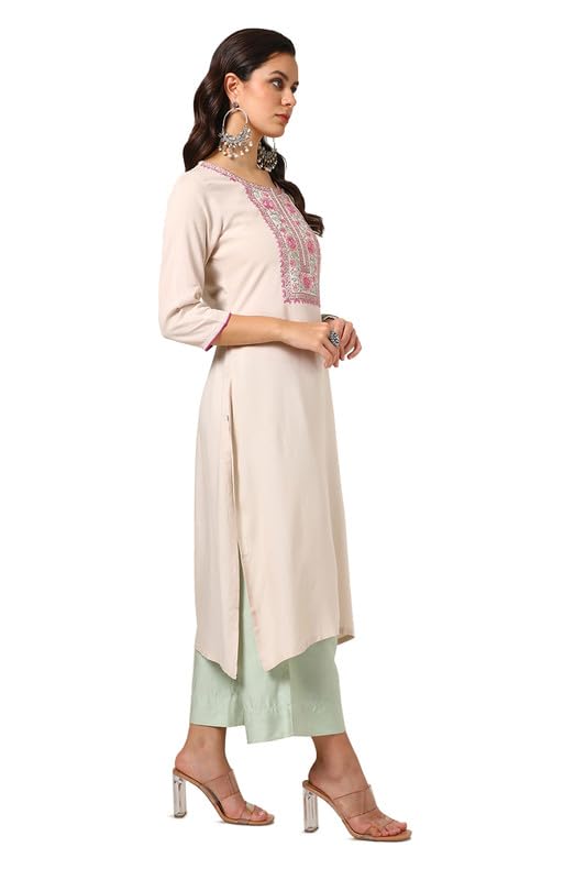 Soch Womens Beige Rayon Embroidered Kurta With Thread Work