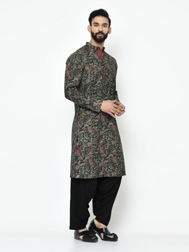 Kisah Men Black Green Ethnic Motifs Embroidered Kurta With Pyjamas, Full Sleaves, Knee Length, Straight, Regular Fit, Mandarin C