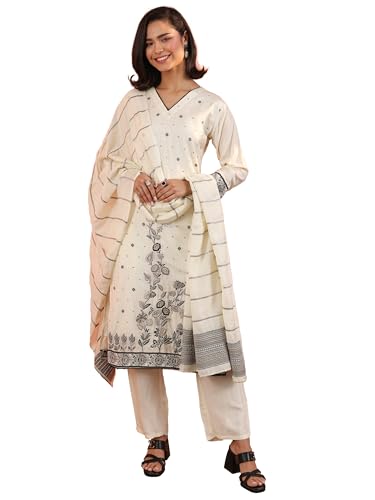 Libas Womens Woven Design Muslin Straight Kurta With Trousers And Dupatta
