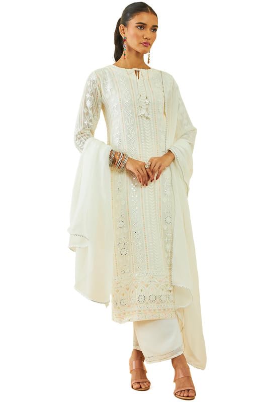 Soch Womens Off White Georgette All-Over Embroidered Palazzo Suit Set With Dupatta