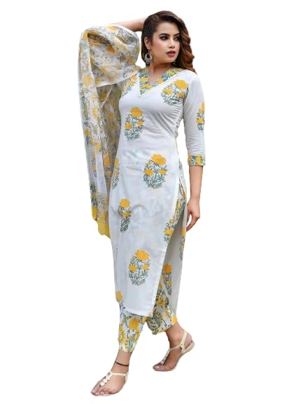 Pinkmint Women Straight Rayon Flower Printed Kurta And Pant Set With Dupatta White