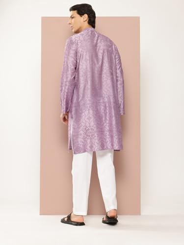 See Designs MenS Long Sleeve Side Slit Lavender Embroidered Thread Work Chanderi Silk Straight Mandarin Collar Kurta - Sdkt2877