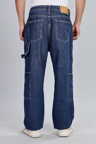 Inkd MenS Cargo Carpenter Baggy Jeans  Mid-Rise | 100% Cotton | Contrast Stitch| 6 Pocket Styling | Baggy Jeans For Man | Cargo