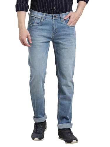 Turtle Men Cotton Stretch Solid Narrow Fit Flat Front Light Blue Denim