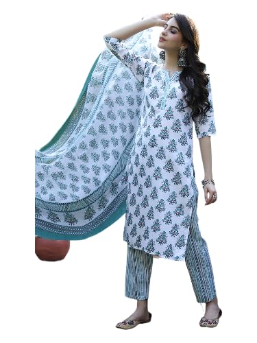 Pinkmint Salwar Suit For Women Cotton Flower Printed Kurta & Straight Pant With Dupatta