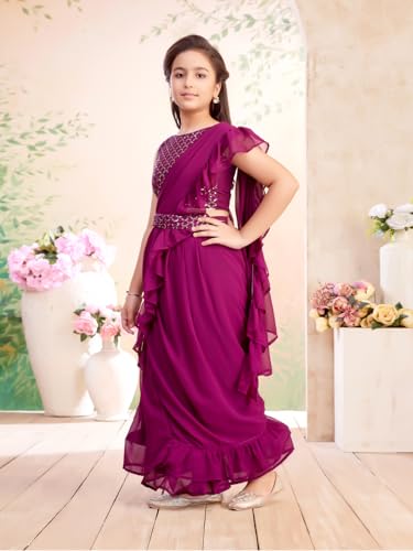 Aarika Girls Ethnic Wear Purple Colour Sequin Embroidery Georgette Lehenga Saree With Attachable Dupatta-(3-13 Years)-(SR-26011-