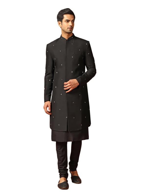 Kisah MenS Kurta Indo-Western Sherwani Churidar Set, Black Cotton Blend, Embroidered Regular Fit Mandarin Collar Long Sleeves (