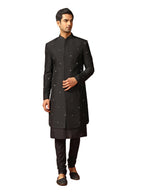 Kisah MenS Kurta Indo-Western Sherwani Churidar Set, Black Cotton Blend, Embroidered Regular Fit Mandarin Collar Long Sleeves (