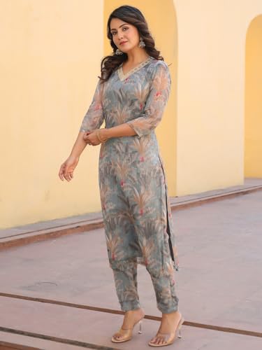 ANNI DESIGNER Womens Rayon Blend Straight Printed Kurta with Pant (Feni Grey_XXL_Grey_XX-Large)