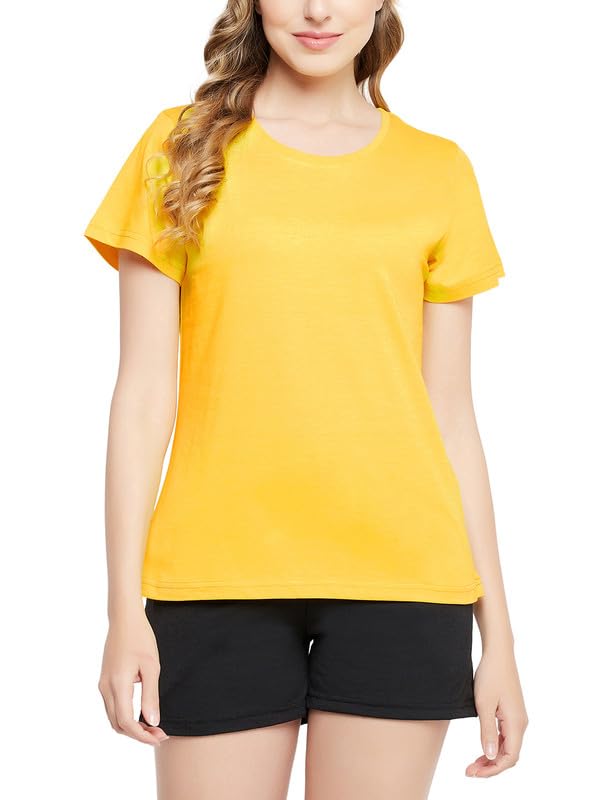 Clovia Womens Cotton Solid Sleep Top (LT5201P02_Yellow_S)