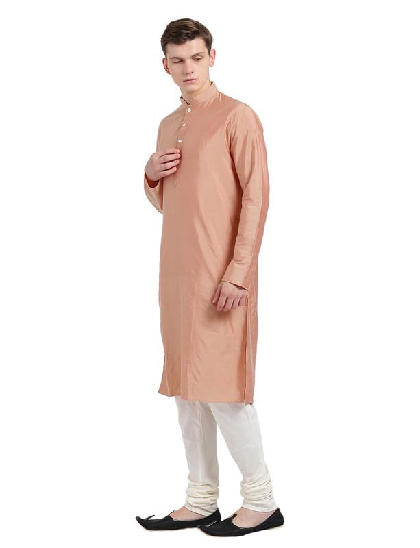 Kisah Men Peach-Coloured Solid Banarasi Straight Kurta Full Sleaves, Knee Length, Straight, Regular Fit, Mandarin Collar Ethnic