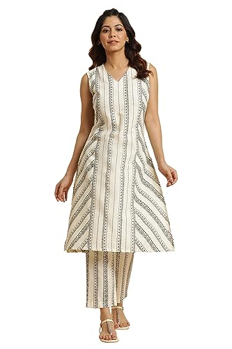 W For Woman Ecru Printed Kurta & Pants Co-Ord Set With Kantha Detail (Size: M)-23Auws19902-121841