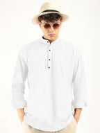 Macsivo MenS Cotton Polyester Blend Solid Regular Fit Full Sleeve Short Kurta White