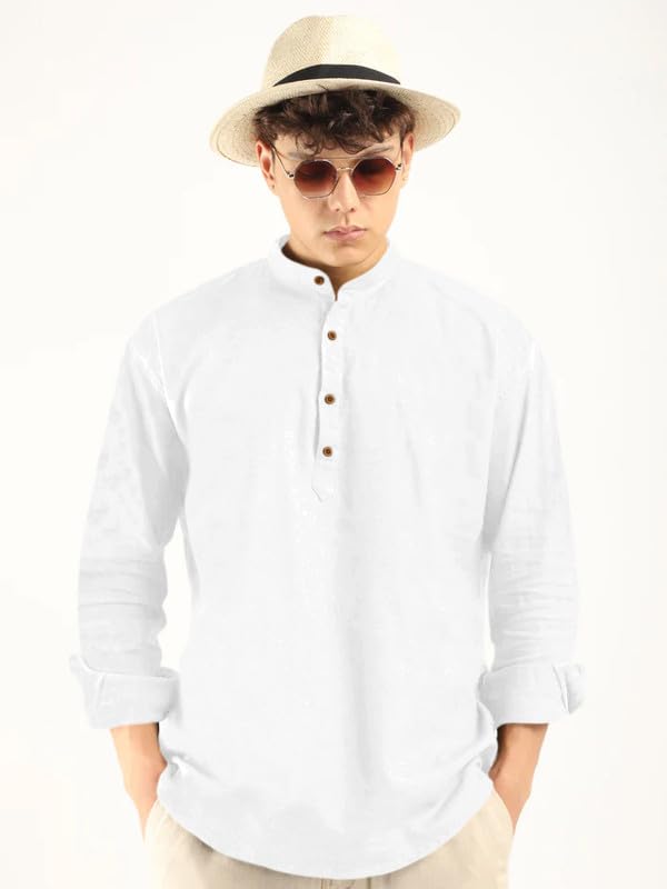 Macsivo MenS Cotton Polyester Blend Solid Regular Fit Full Sleeve Short Kurta White
