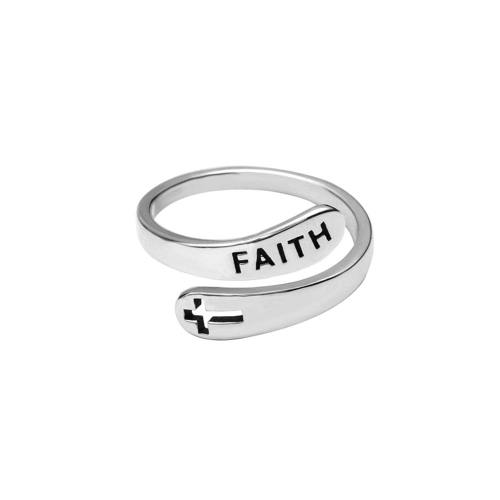Faith Cross Sterling Silver Open Statement Rings Adjustable Minimalist Hope Love Eternity Wedding Band Promise Ring Wrap Finger 