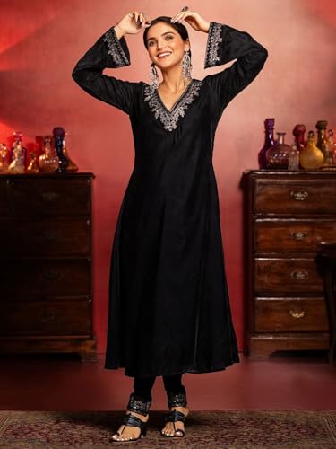 Ishin Women'S Black Yoke Design Zari Work Velvet Straight Kurta With Trousers & Dupatta