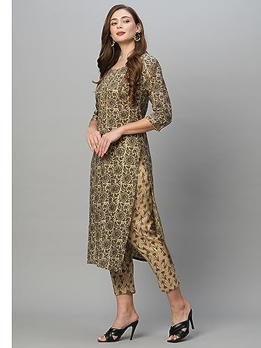 ANNI DESIGNER Womens Cotton Blend Straight Printed Kurta with Pant Set (Bhati-Beige_XL_Beige_X-Large)
