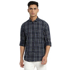 Turtle Men Cord Dark Blue Checkered Slim Fit Full Sleeve Casual Shirt
