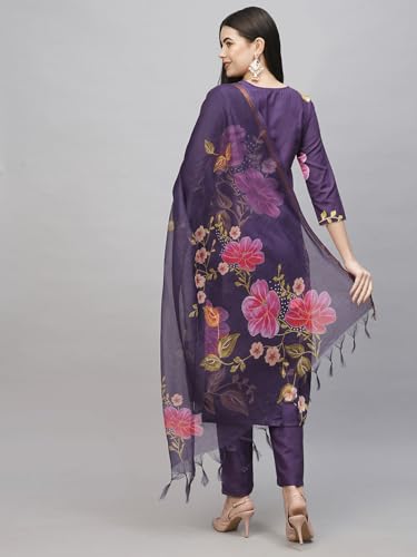 ANNI DESIGNER Womens Cotton Blend Straight Printed Kurta with Pant & Dupatta (Kalai Violet_L_Purple_Large)