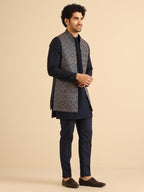 Kisah MenS Kurta Jacket Trouser Set, Navy Blue Cotton Blend, Embroidered Regular Fit Mandarin Collar Long Sleeves (40)