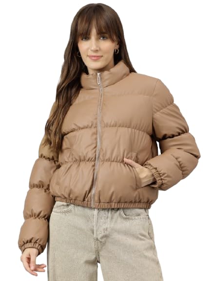 Latin Quarters Women Beige Casual Solid Full Sleeve Jacket_M