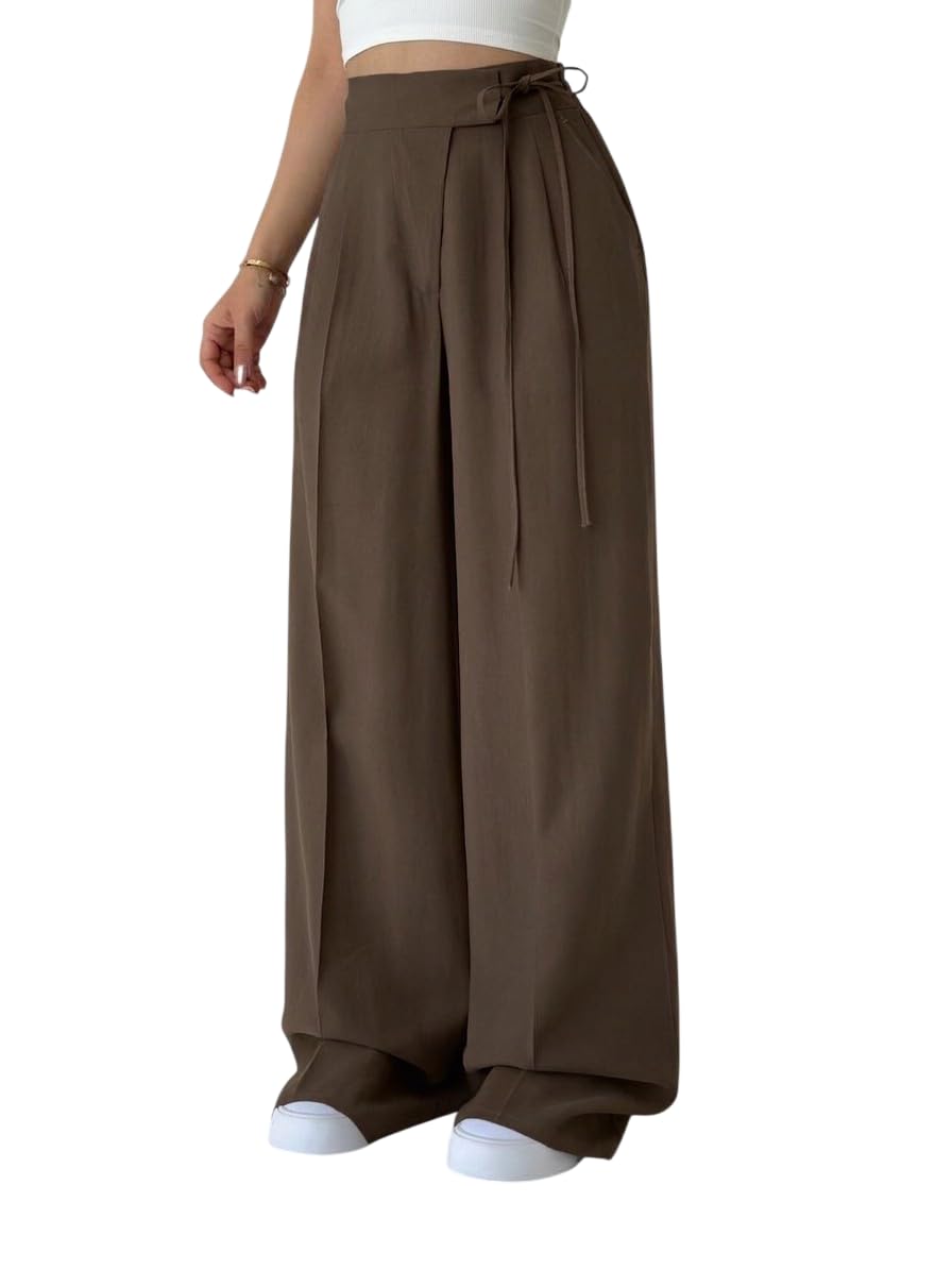 Kateclo WomenS High Waisted Wide Leg Trousers | Elegant Pleated Formal Pants With Side Tie Belt | Relaxed Fit Casual Trousers F 28