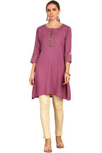Soch Womens Onion Pink Tie-Up Neck Rayon Slub A-Line Short Kurta with Thread Work