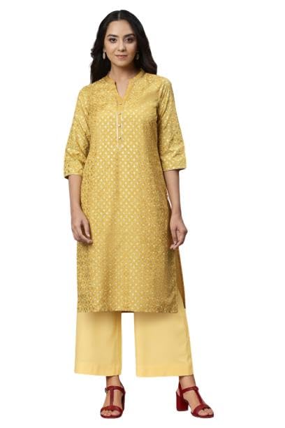 Aurelia Womens Yellow Sequins Straight Kurta and Palazzo Set (Size: S)-ONVAS13684-505254