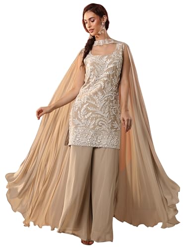 Libas Art Tan Embellishments Georgette Straight Kurta Set For Women (51488Axl)