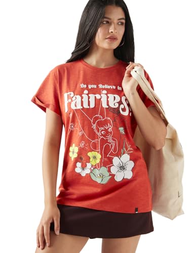 Bewakoof Air 1.0 Official Disney Merchandise Tinker Bell Womens Graphic Print Boyfriend Fit Half Sleeve Round Neck Cotton Slub 