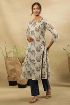 W For Woman Folksong By W Women Green Printed Cotton A-Line Kurta