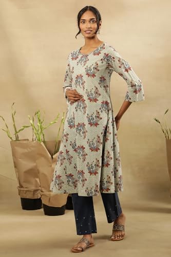 W For Woman Folksong By W Women Green Printed Cotton A-Line Kurta
