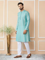 See Designs MenS Long Sleeve Mandarin Collar Side Slit Ice Green Embroidered Thread Work Sequinned Chanderi Silk Straight Kurta