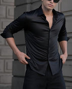 Indoprimo MenS Casual Button Down Long Sleeve Satin Plain Shirt Black